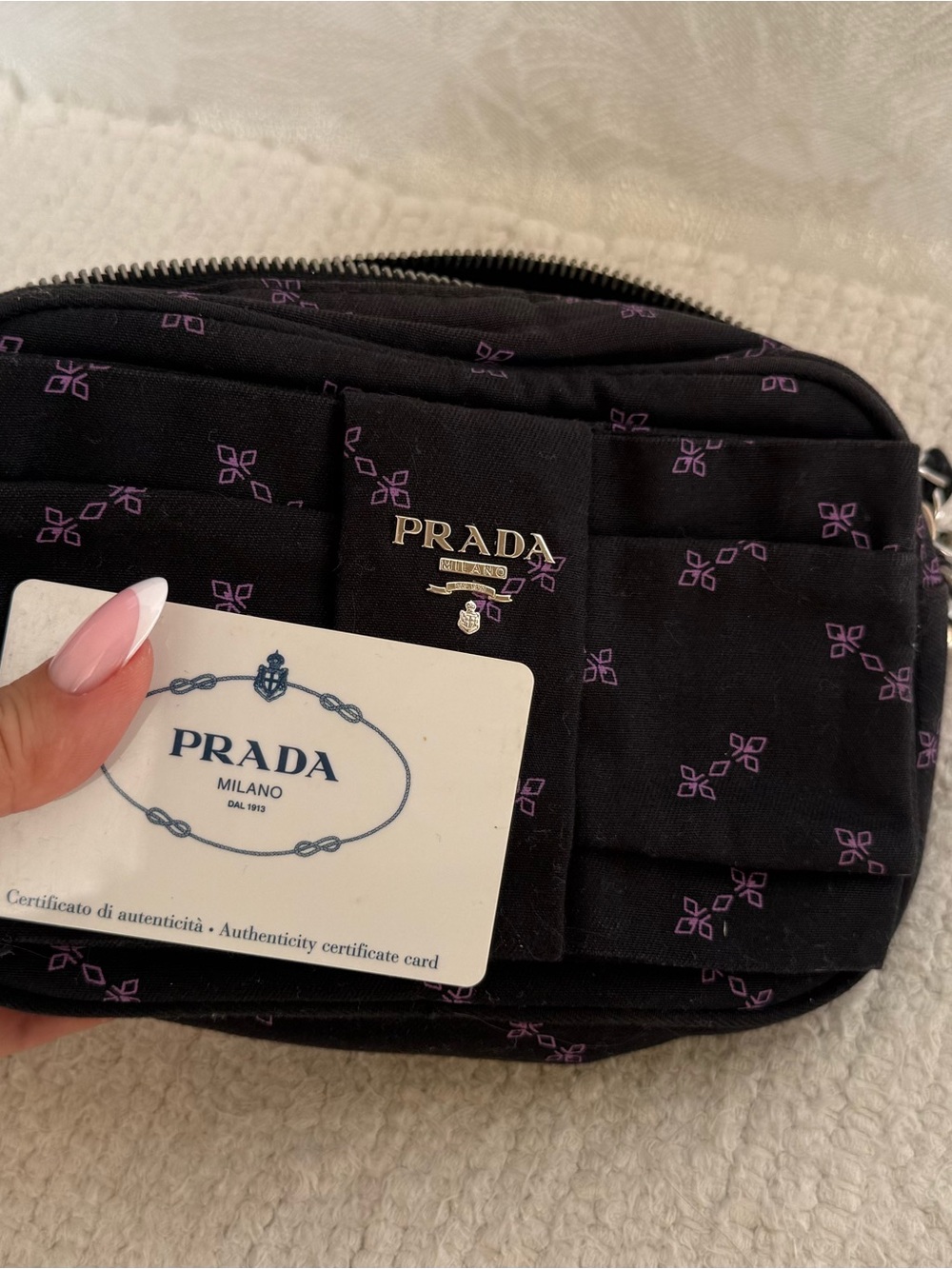 Prada Black Nylon Belt Bag with Lavender Motif